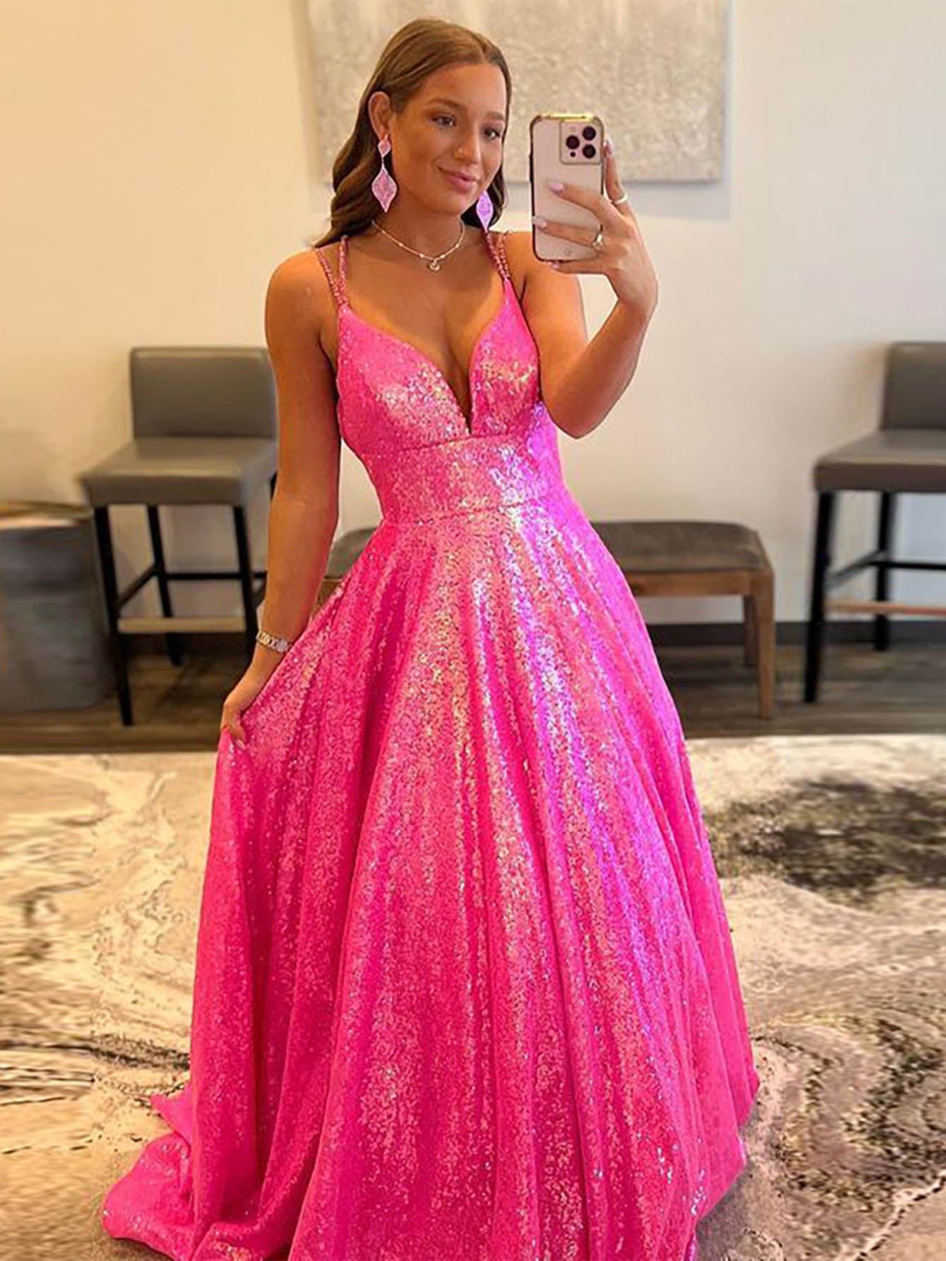 Glitter Pink V Neck Sequins Long Prom Dress