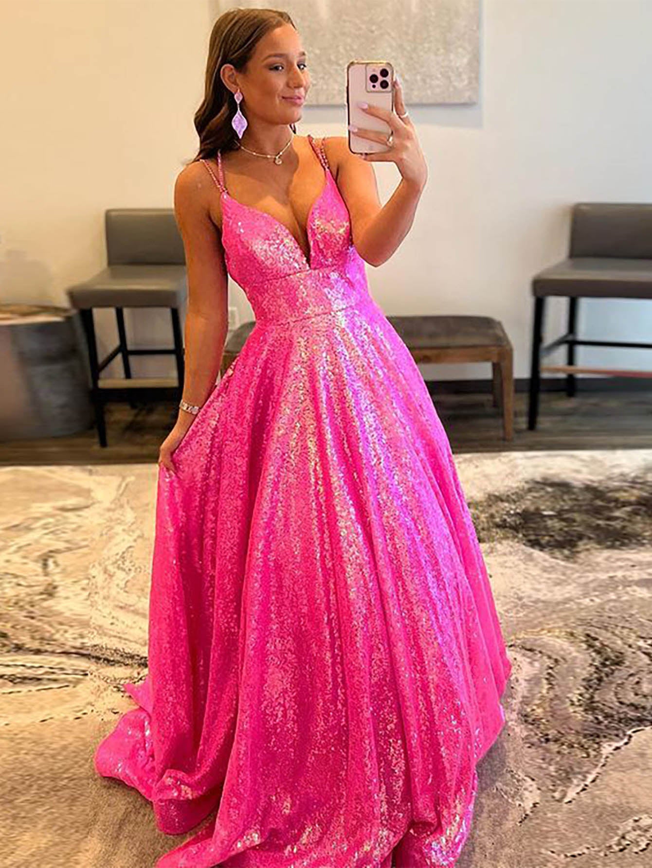 Glitter Pink V Neck Sequins Long Prom Dress