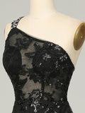Black One Shoulder Lace Long Prom Dress with Spilt