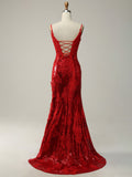 Spaghetti Straps Red Appliques Prom Dress with Slit