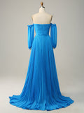Blue A Line Sweetheart Neck Long Prom Dress