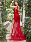 V Neck Asymmetrical Red Sequins Bodycon Long Prom Dress