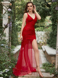 V Neck Asymmetrical Red Sequins Bodycon Long Prom Dress
