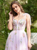 A Line Floral Lilac Long Prom Dress