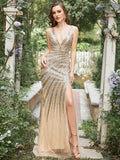 Golden Deep V Neck Stripes Sleeveless Long Prom Dress with Slit