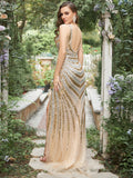 Golden Deep V Neck Stripes Sleeveless Long Prom Dress with Slit