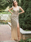 Golden Deep V Neck Stripes Sleeveless Long Prom Dress with Slit