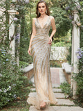 Golden Deep V Neck Stripes Sleeveless Long Prom Dress with Slit