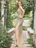 Golden Deep V Neck Stripes Sleeveless Long Prom Dress with Slit