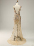 Sequins Golden Deep V Neck Sleeveless Long Prom Dress with Slit