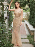 Golden Deep V Neck Stripes Backless Sleeveless Long Prom Dress