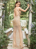 Golden Deep V Neck Stripes Backless Sleeveless Long Prom Dress