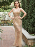 Golden Deep V Neck Stripes Backless Sleeveless Long Prom Dress