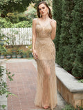 Golden Deep V Neck Stripes Backless Sleeveless Long Prom Dress