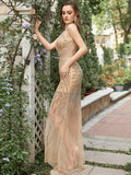 Golden Deep V Neck Stripes Backless Sleeveless Long Prom Dress