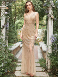 Golden Deep V Neck Stripes Backless Sleeveless Long Prom Dress