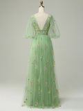 A Line Green Fairy Vintage Long Party Prom Dresses
