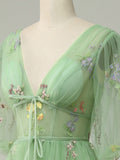 A Line Green Fairy Vintage Long Party Prom Dresses
