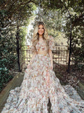 A Line Floral Two Pieces Set Tulle Long Prom Dress