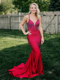 V Neck Glitter Mermaid Red Backless Prom Dress
