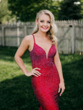 V Neck Glitter Mermaid Red Backless Prom Dress