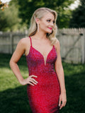 V Neck Glitter Mermaid Red Backless Prom Dress