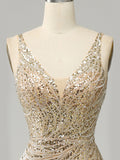 Golden Deep V Neck Stripes Backless Sleeveless Long Prom Dress