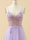 A Line Purple Backless Tulle V Neck Long Prom Dress