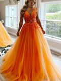 Deep V Neck A-Line Sleeveless Yellow Long Prom Dress with Appliques
