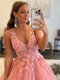 Deep V Neck A-Line Sleeveless Yellow Long Prom Dress with Appliques