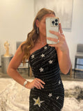 Sequins One Shoulder Black Short Homecoming Dress With Stars