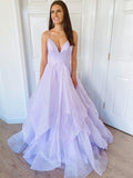 A Line Ruffles Tulle Spaghetti Straps Long Prom Dress