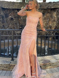 Pink Strapless Floral Long Prom Dress with Split