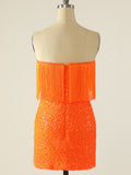 Sparkly Strapless Orange Homecoming Short Dress With Taasels