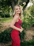 V Neck Glitter Mermaid Red Backless Prom Dress