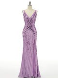 Purple Sleeveless V Neck Stripes Deep Long Prom Dress with Slit