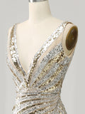 Golden Deep V Neck Stripes Sleeveless Long Prom Dress with Slit