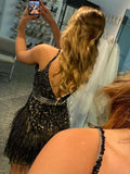 Sequins V-neck Black Homecoming Party Short Dress with Tassels