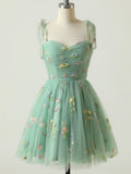 A-Line Tulle Champagne Short Homecoming Dress with Embroidery