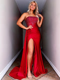 Red Strapless Satin Long Prom Dress with Slit