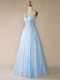 A Line Sky Blue V Neck Backless Tulle Long Prom Dress