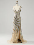 Golden Deep V Neck Stripes Sleeveless Long Prom Dress with Slit