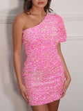 Sequins Pink One Shoulder Homecoming Short Party Dress