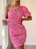 Sequins Pink One Shoulder Homecoming Short Party Dress